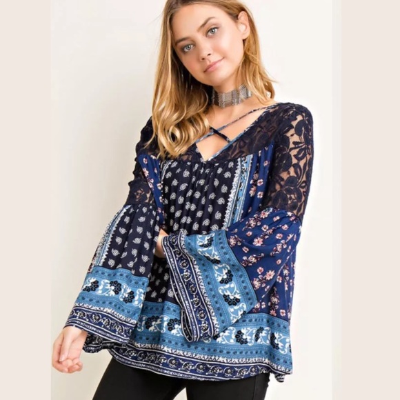 Tops - Navy blue Boho blouse